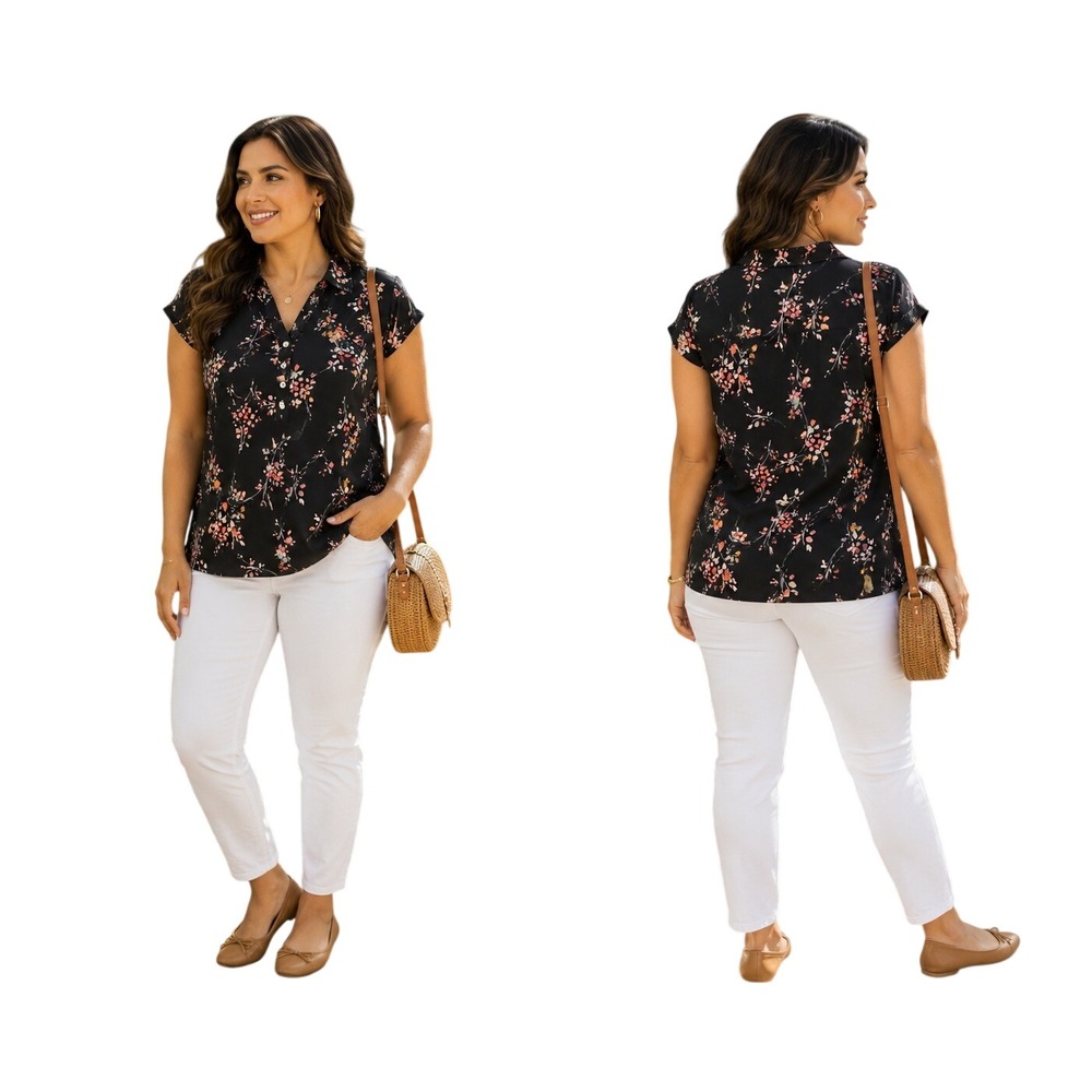 NWT Floral Casual Chic Polo Top Navy Women's Small Croft & Barrow